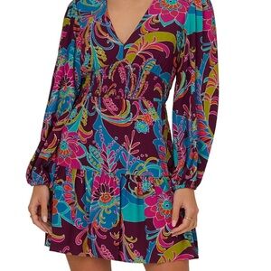 Adrianna Papell Boho Paisley Print Tiered Mini Dress Long Sleeve Size 4